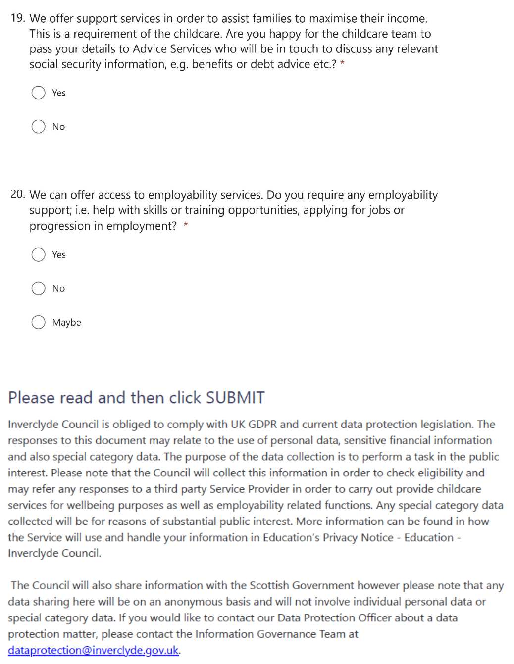 This section of the application form is a statement on GDPR and data sharing, for parents to read before they submit. This page of the application form covers interest in support from Advice Services or employability services.