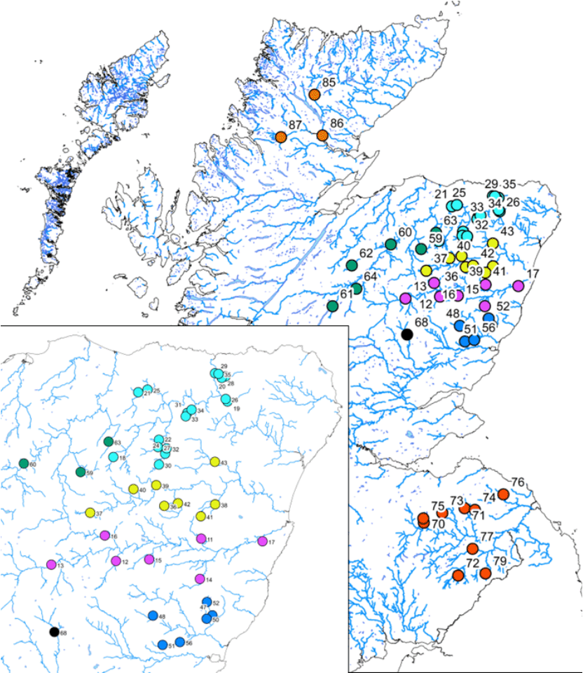 A map of Scotland including coloured and numbered dots which show the location of this study's sample sites.