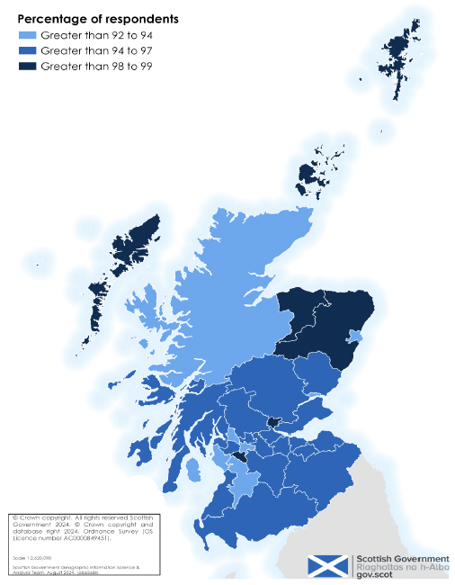 Map of Scotland showing each local authority shaded by the percentages who rate their neighbourhoods as a 'very’ or ‘fairly’ good place to live. Over 92% rate their neighbourhoods positively in every local authority in Scotland; however, in some local authorities over 98% rate their neighbourhoods positively.