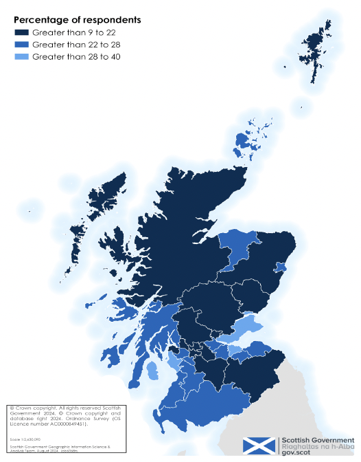 Map of Scotland showing each local authority shaded by the percentages who experienced loneliness in the last week ‘all or almost all of the time’, ‘some of the time’, ‘most of the time’. This shows variation between local authorities, ranging from 10% to 40%.