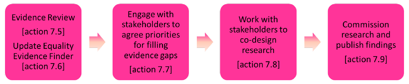 This graphic lays out actions 7.5-7.9 in the Non-Binary Action plan in individual boxes. This report focuses on the first action, 7.5, which is to carry out and publish a review of available quantitative and qualitative evidence on the experiences of non-binary people in Scotland.
