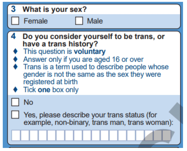 A screenshot of Scotland census 2022 question. First question asks 'What is your sex'. Responses are Female or Male.
Second question asks 'Do you consider yourself to be trans or have a trans history'. Responses are 'No' or 'Yes, please describe your trans staus'