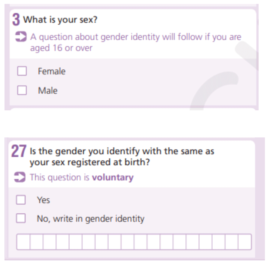 Top Figure shows the Office of National Statistics Census England and Wales 2021 question on sex. Question reads 'what is your sex'. Responses are Female or Male. Bottom Figure shows the Office of National Statistics Census England and Wales 2021 question on sex. Question reads 'Is the gender you identify with the same as your sex registered at birth'. Responses are 'Yes' and 'No, write in gender identity'. National Statistics Census England and Wales 2021 question on sex. Question reads 'Is the gender you identify with the same as your sex registered at birth'. Responses are 'Yes' and 'No, write in gender identity'.