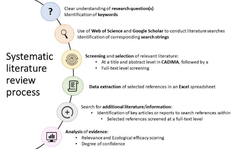 A diagramme showing each of the steps used during the systematic literature review process. In order: identification of research questions and keywords, use of search engines, screening and selection of relevant literature at different levels, data extraction, additional literature, and analysis of evidence.