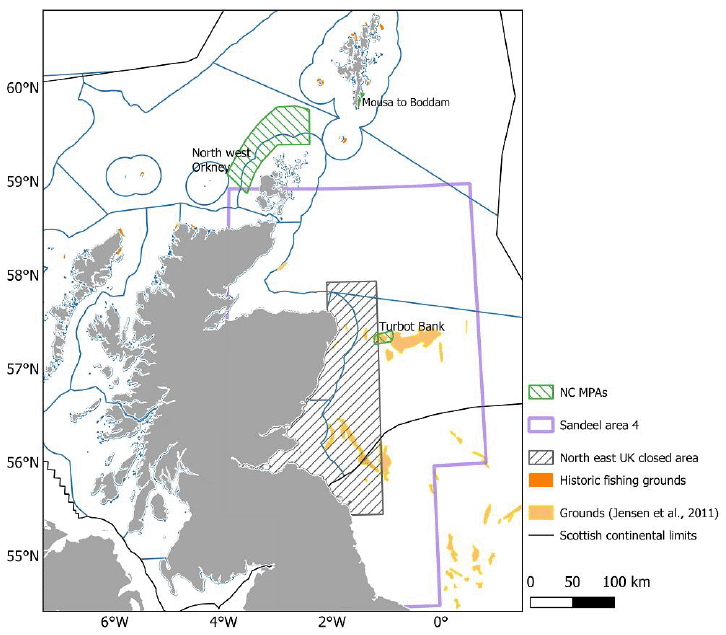 Flow diagram showing the study selection process for the sandeel fishery closure. Web of Science saved 106 records, Google Scholar 100 records, and 7 records where additionally identified. Of the 213 saved records, 18 were included for the final assessment. Refer to main text and Annexes 1 and 2 for more information.