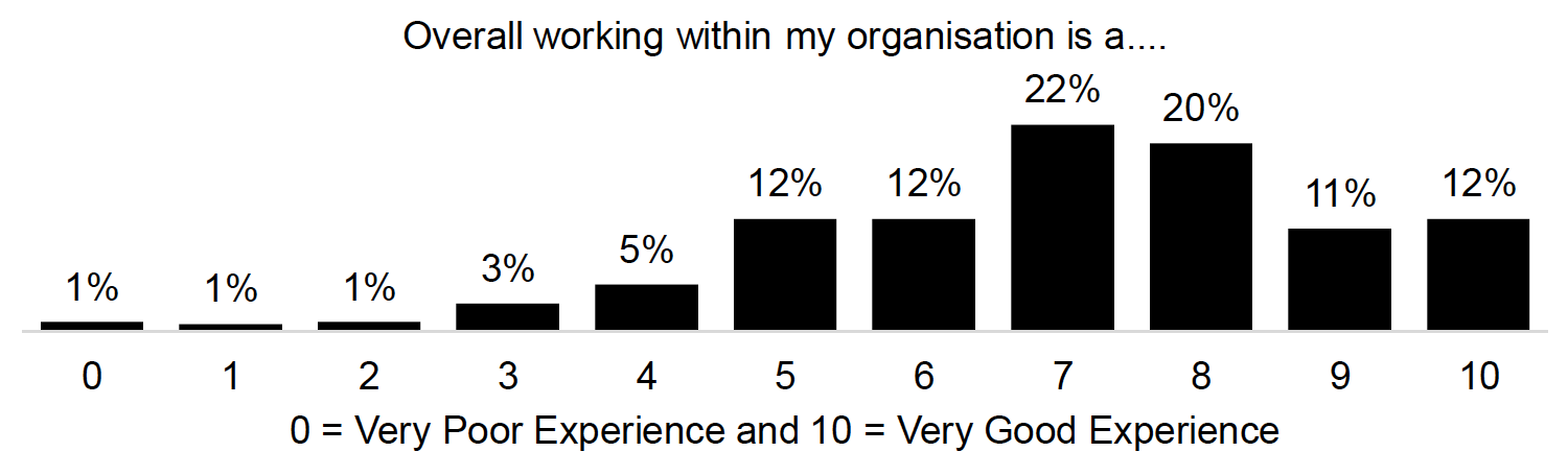 Chart showing distribution of scores for Overall Experience in 2023, with data shown in the table following the chart