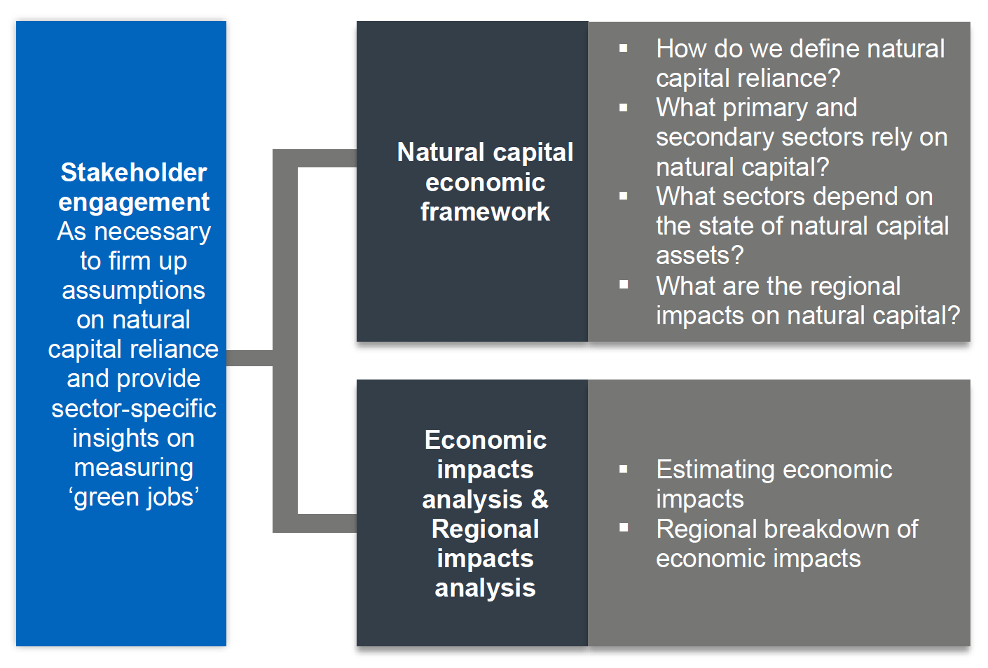 Figure 1. A diagram showing the overview of the project approach. Stakeholder engagement underpinned two stages of the projects: the natural capital economic framework creation and the subsequent economic impacts analysis and regional impacts analysis. 