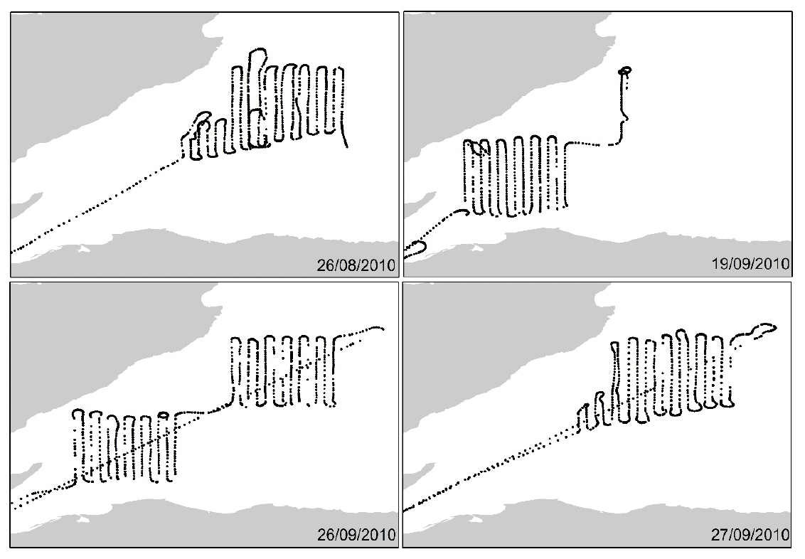 A graph of a graph showing a graph. Track lines flown during digital aerial surveys on four days in 2010. Four panels are shown for the dates: 26/08/2010, 19/09/2010, 26/09/2010, 27/09/2010. Track lines are completed in both study areas on one day: 26/09/2010, with one study area being the focus of the remaining days.