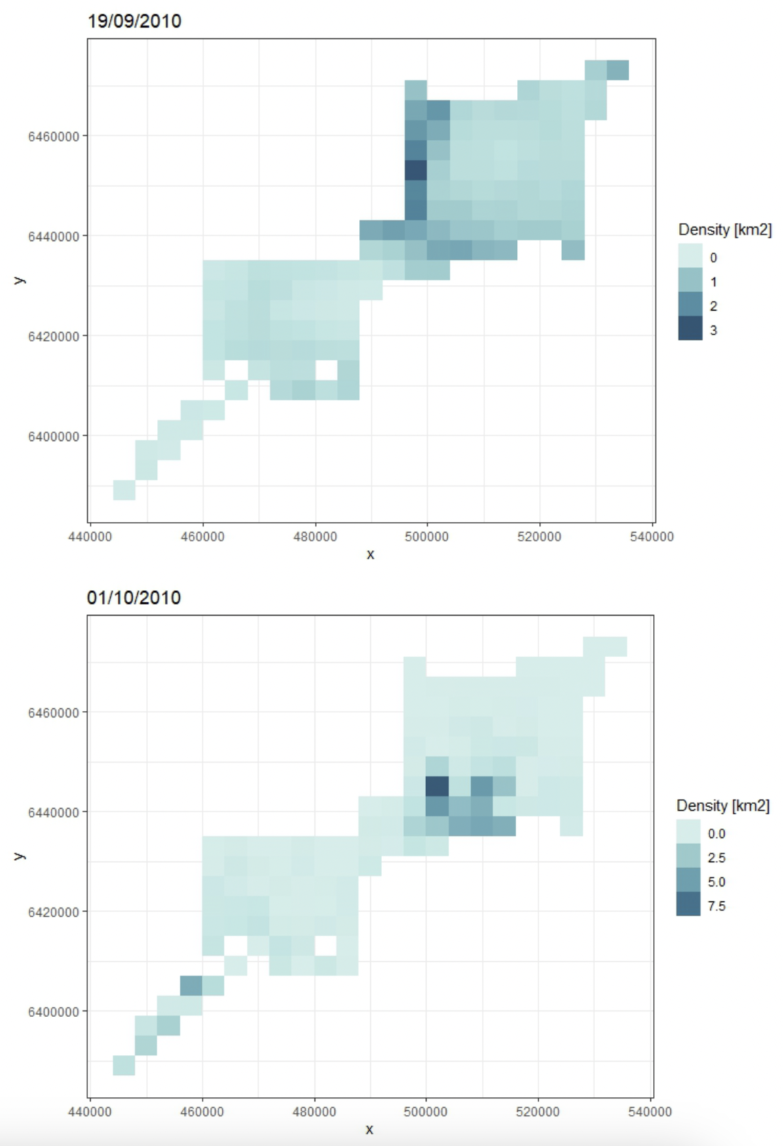 Estimated absolute density surfaces using the calibrated PAM data on 19/09/10 (when there was a DAS). Estimated absolute density surfaces using the calibrated PAM data on 01/10/10 (when there was no DAS).