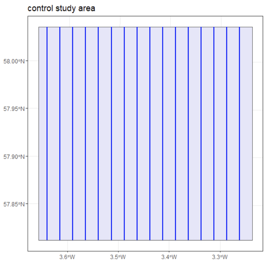 A parallel line transect design from one of the case study monitored areas. A total of 16 transect lines are shown.