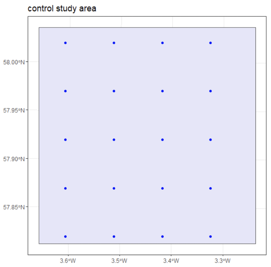 A point transect design from one of the case study monitored areas using a systematic randomised grid. A total of 20 points are shown.