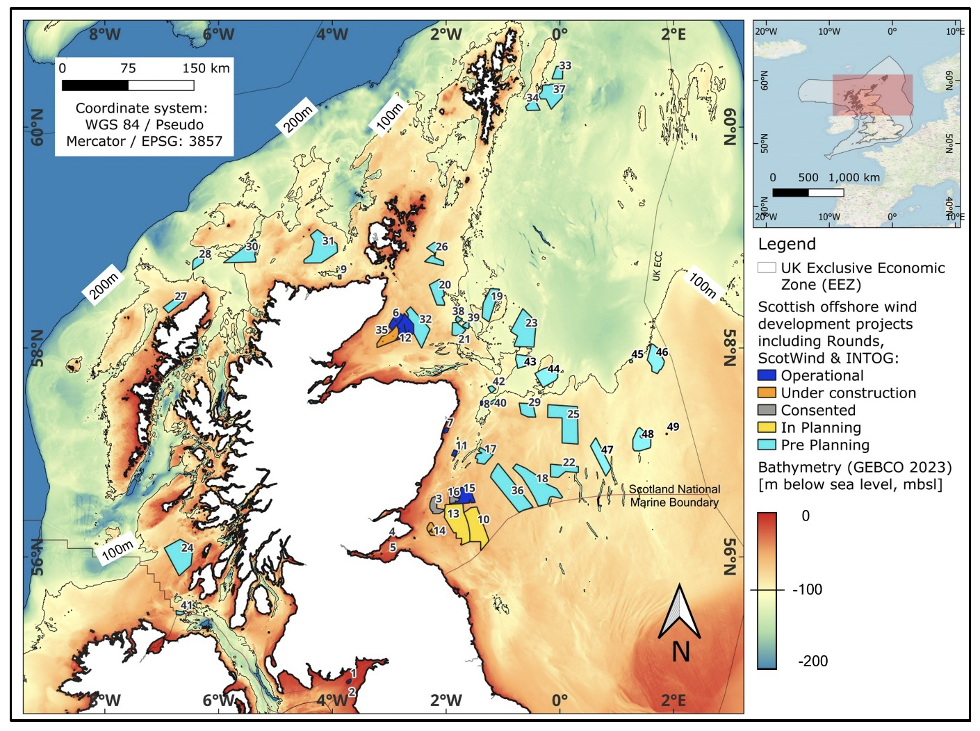 Bathymetric map of the Scottish waters. Offshore wind developments at various project stages are shown in overlay