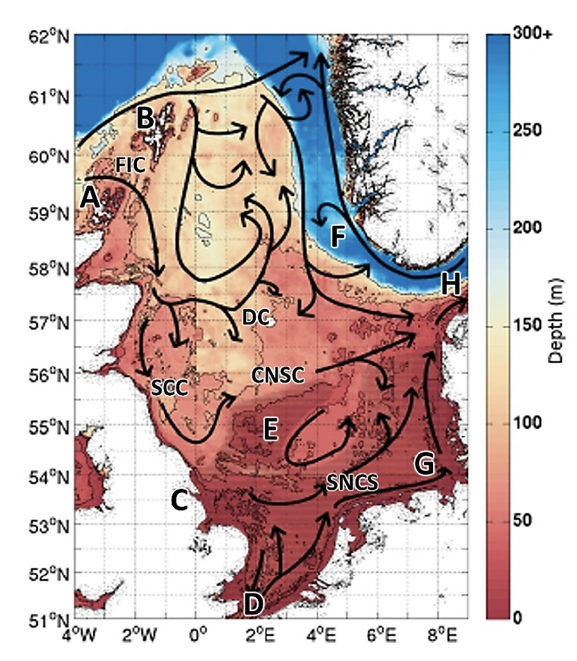 Map showing bathymetry and water currents trends in the North Sea.