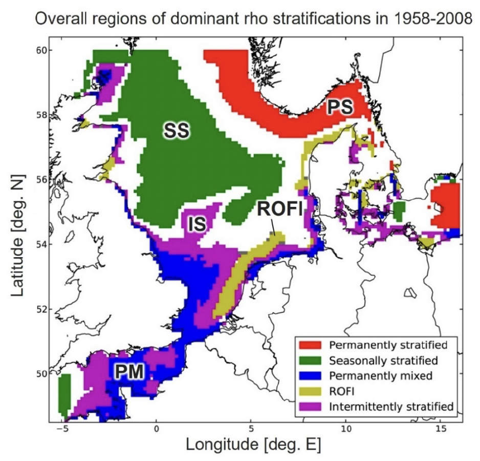 A map of stratified and non-stratified areas in the North Sea.