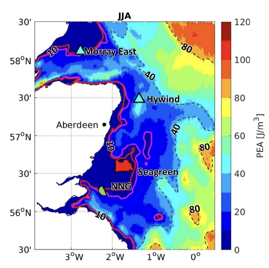 Map of the Potential Energy Anomaly in the Scottish North Sea. Hywind OWF sits within seasonally stratified waters.