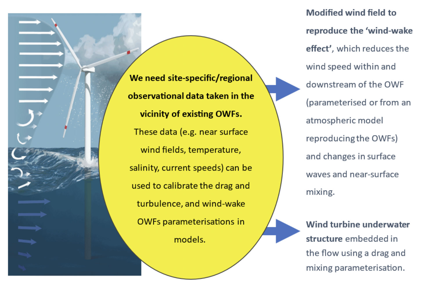 Schematic approach to model parametrisation. To properly include offshore wind infrastructure effects, we need site-specific data and regional observations in the vicinity of <abbr title=