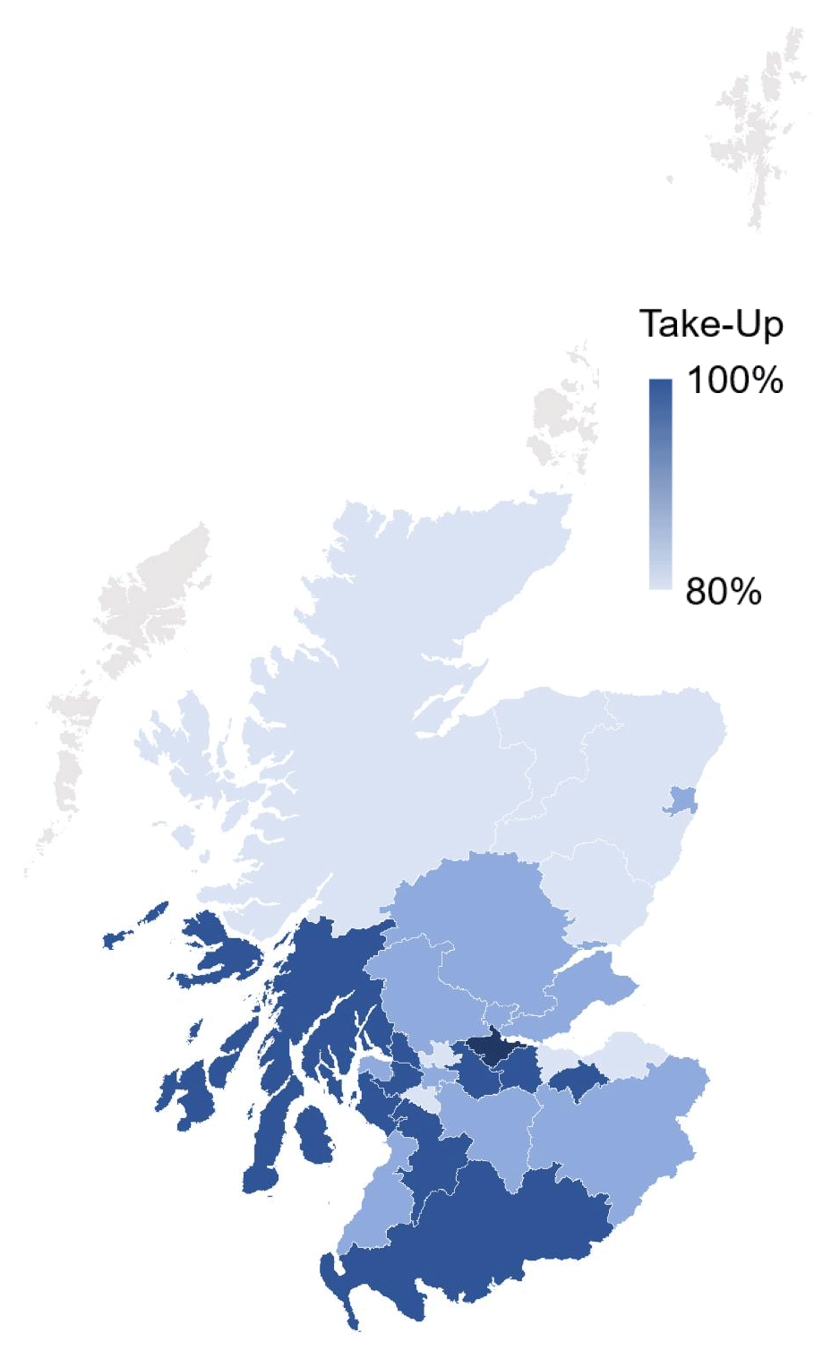 A map showing a gradient of blue to represent the take-up rate of Scottish Child Payment in the different local authorities of Scotland. The Western Isles, Oban, and the Shetland Islands are excluded due to low statistical populations. A full breakdown of these figures in text form is available in table 3.