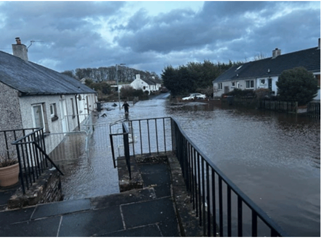 A flooded street in Barrasgate, Kirkton.