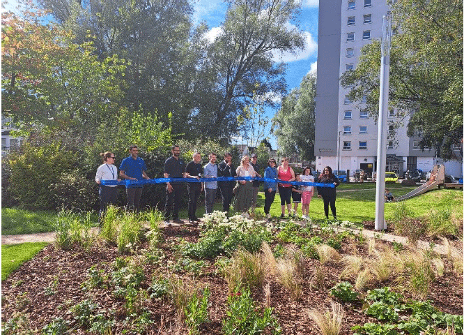 A group of people standing in a line holding a banner at the opening of the Queensland Gardens Community Park.