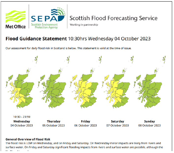 A screenshot showing 5 maps of Scotland over 5 days and those areas at risk of flooding highlighted in yellow.