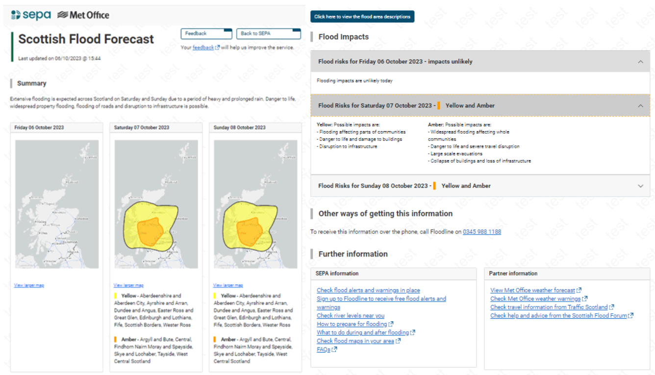 A screenshot from SEPAs website showing 3 maps of Scotland with two maps with highlighted yellow area showing where there is a flood risk.