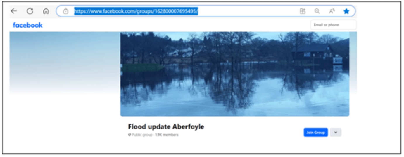 A screenshot of Aberfoyles flood update Facebook page.