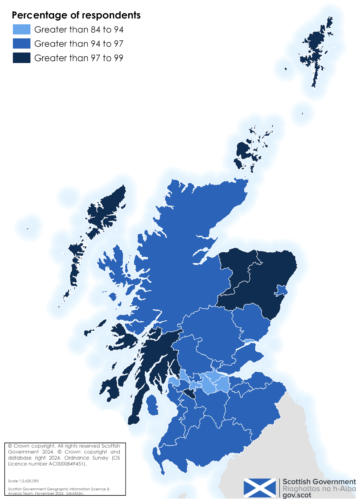 Map of Scotland showing each local authority shaded by the percentages who rate their neighbourhoods as a 'very’ or ‘fairly’ good place to live. Over 84% rate their neighbourhoods positively in every local authority in Scotland; however, in some local authorities up to 99% rate their neighbourhoods positively. 