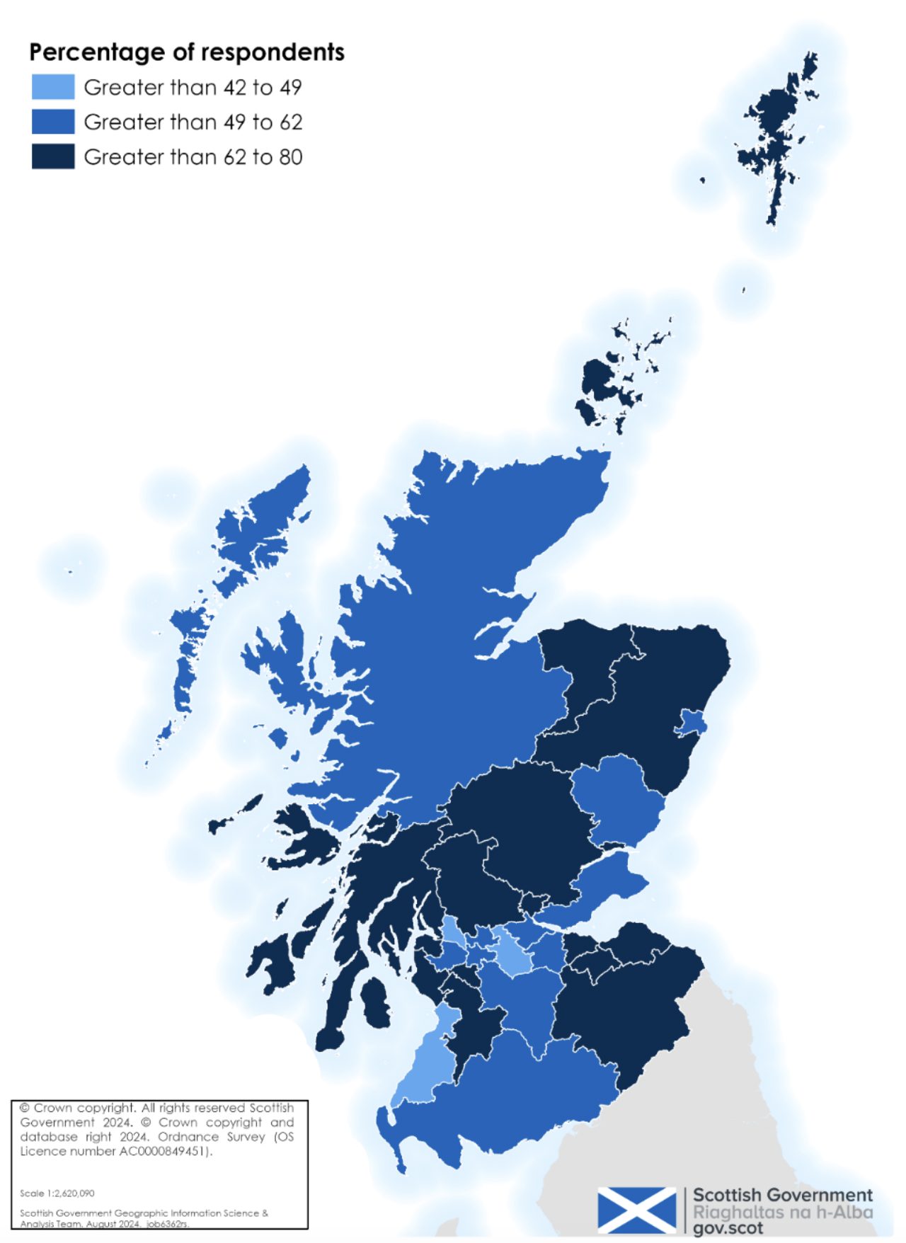 Map of Scotland showing each local authority shaded by the percentages who 'agreed' or 'strongly agreed' there are places to meet and socialise. This shows lots of variation between local authorities, ranging from 43% to 80%.