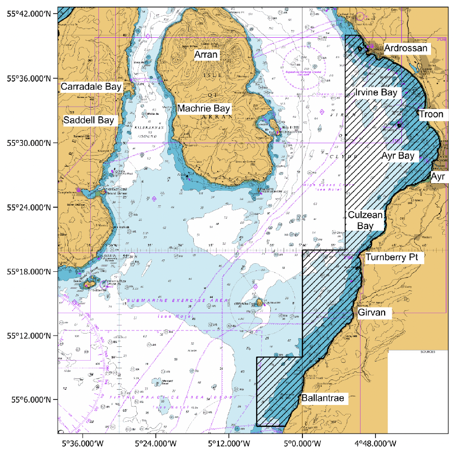 Chart of the Firth of Clyde showing the location of the Scottish Government scientific trial area for electrofishing for razor clams which is located along the Ayrshire coast from just north of Ardrossan down to just south of Ballantrae.