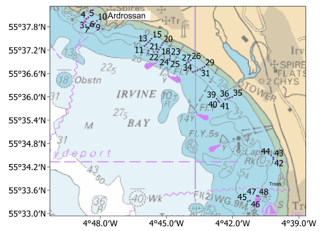 Chart of Irvine Bay, Ayrshire coast showing the mid-points of the video tows conducted in the 2023 survey.