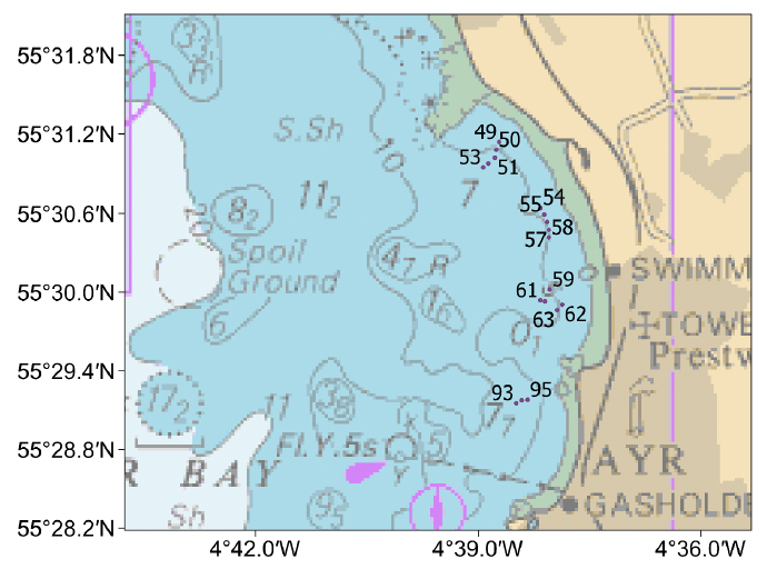 Chart of Ayr Bay, Ayrshire coast showing the mid-points of the video tows conducted in the 2023 survey.