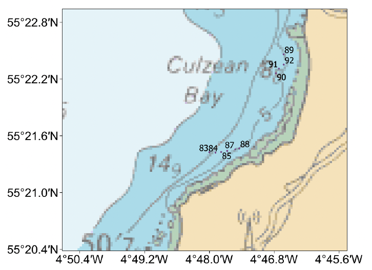 Chart of Culzean Bay, Ayrshire coast showing the mid-points of the video tows conducted in the 2023 survey.