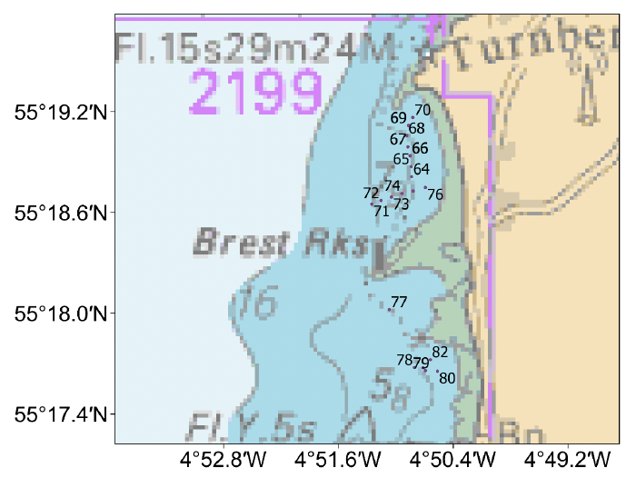 Chart of Turnberry Bay, Ayrshire coast showing the mid-points of the video tows conducted in the 2023 survey.