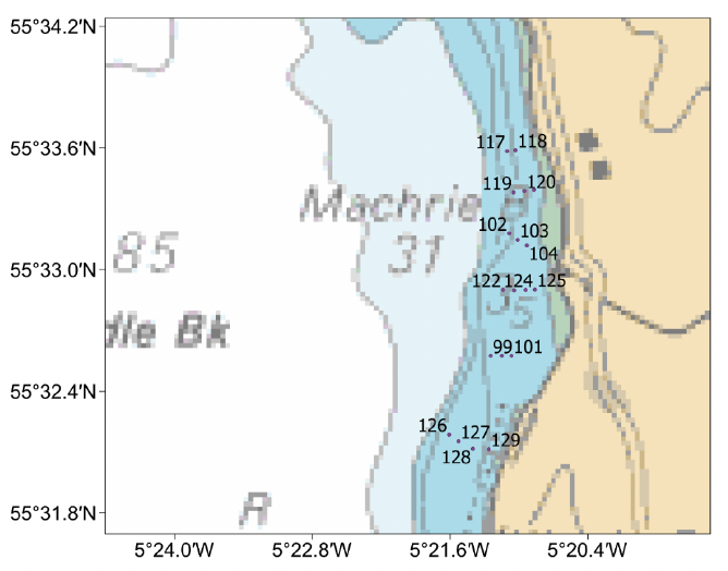 Chart of Machrie Bay, west side of Arran, showing the mid-points of the video tows conducted in the 2023 survey.