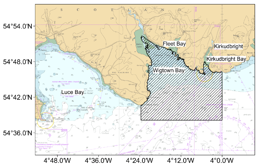 Chart of the Solway showing the location of the Scottish Government scientific trial area for electrofishing for razor clams which is located between Burrow Head and Kirkudbright range.