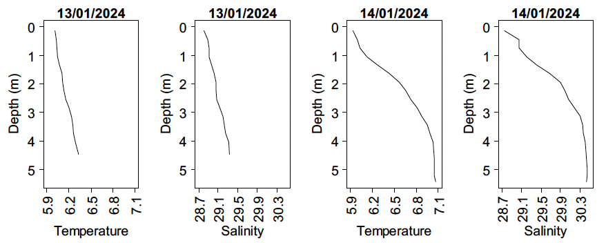 Water column profiles of temperature and salinity Fleet Bay, Solway. Temperature and salinity profiles were slightly cooler and fresher towards the surface on both days.