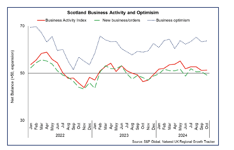 Line chart showing business activity and optimism growth remained positive in 2024 though slowed slightly in September 2024. 