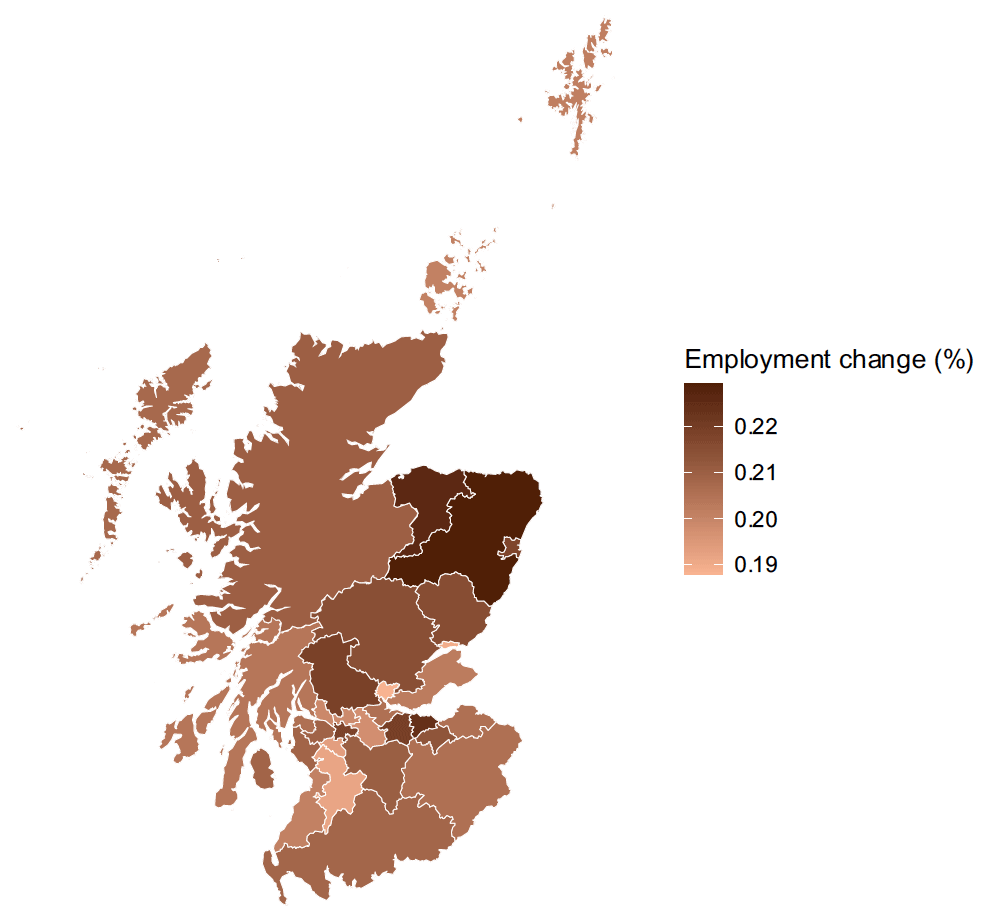 A map of the local authorities in Scotland with a colour scale showing the percentage change in employment resulting from the non-EU FTAs.