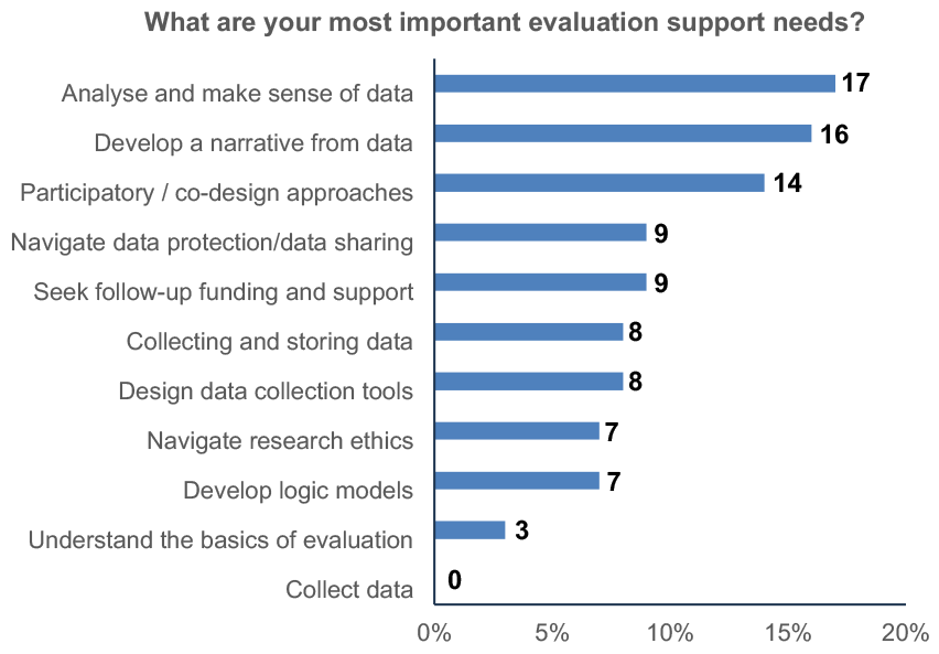 A chart displaying the CPAF participants evaluation support needs - as identified in January 2024. Participants were given 100 points to allocate across the different evaluation support areas. Analysing and making sense of data and developing a narrative from data were deemed the most important areas for evaluation support (17 and 16 points, respectively). While understanding the basics of evaluation and data collection were deemed the least important evaluation support needs (3 and 0 points, respectively).