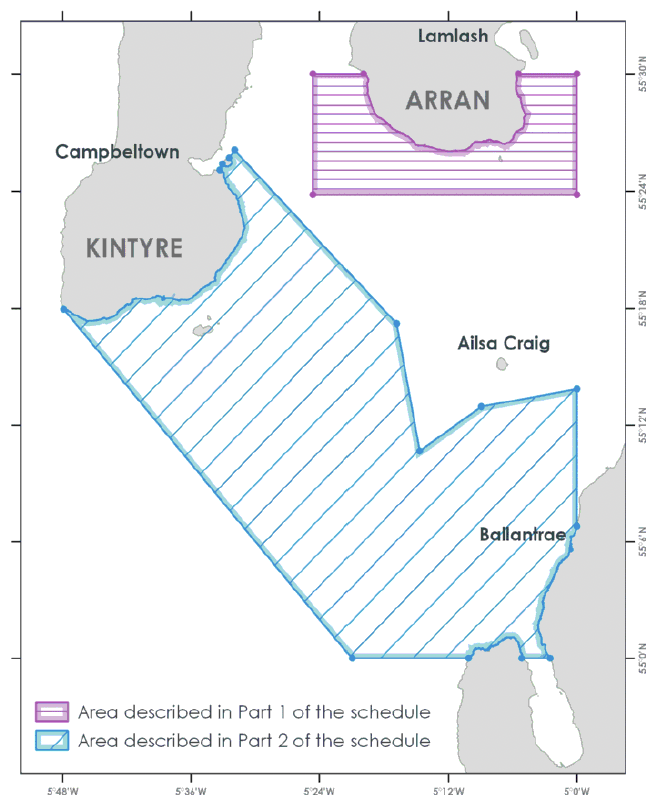 A map of the Firth of Clyde with restricted areas marked on.