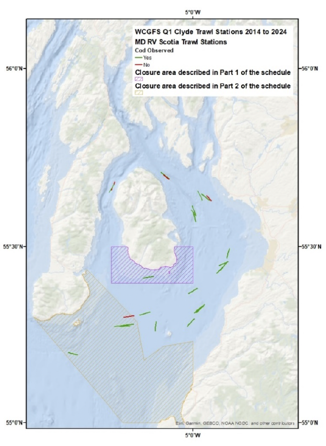 A map of the Firth of Clyde with West Coast Ground Fish Survey areas marked on.