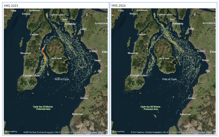 Map of VMS position reports from fishing vessels during closure period 2023.