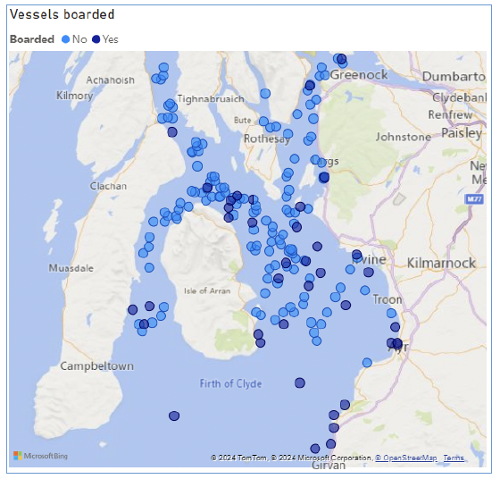 A heat map of distribution of vessels boarded and inspected in the Firth of Clyde during March and April 2024