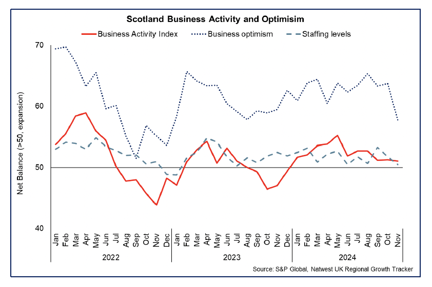 Line chart showing business activity and optimism growth remained positive in 2024 though slowed in November 2024. 