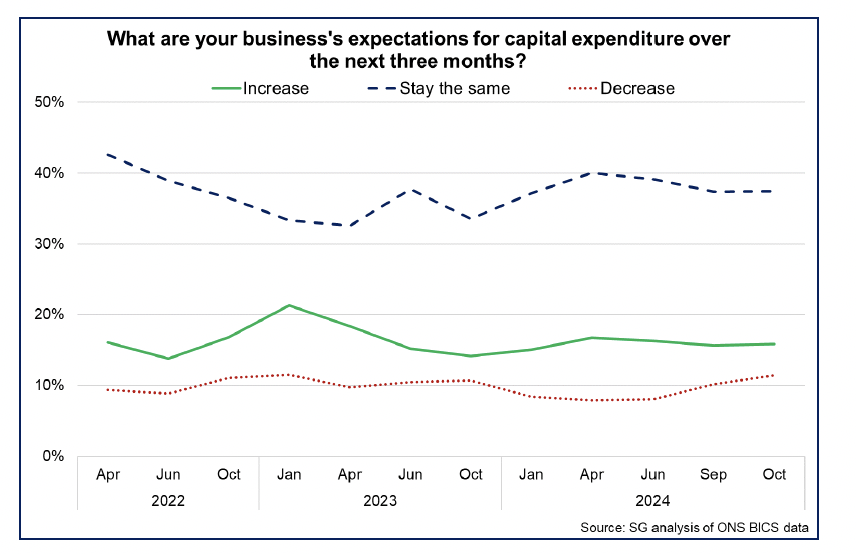 Line chart showing that in the second half of 2024 there has been a slight rise in the share of businesses expecting their capital expenditure to decrease.