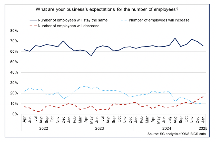 Line chart showing that the share of businesses expecting the number of their employees to decrease has overtaken the share of businesses expecting the number to increase at the end of 2024.