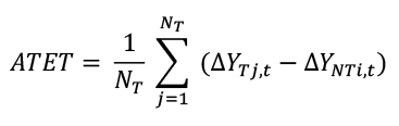 An equation produced by the researchers to calculate the average treatment effect on the treated (ATET) as part of the difference-in-differences (DiD) matching. This compares the changes in firm performance between exporting firms (treatment group, T) and their matched non-exporting counterparts (control group, NT).