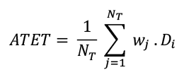 A second equation produced by the researchers to calculate the average treatment effect on the treated (ATET) as part of the difference-in-differences (DiD) matching. This includes a calculation in the difference in the outcome variable before and after the treatment period.