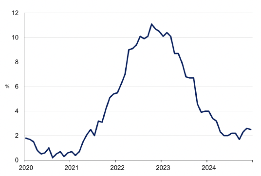 Line chart showing the UK inflation rate rise to a peak of 11.1% in 2022 and fall back to around 2% during 2024.