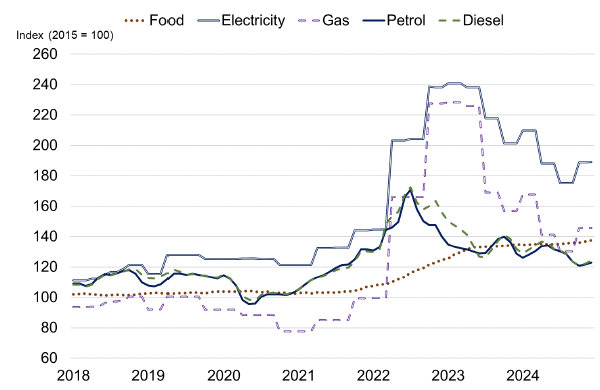 Line chart showing the rise in consumer prices for different fuels followed by food during the inflation shock in 2022 and 2023.